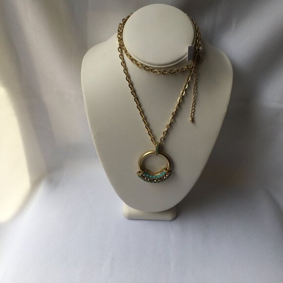Lia Sophia Gold Tone Circular Sliding Pendant Necklace Turquoise Green Crystal - Picture 2 of 5